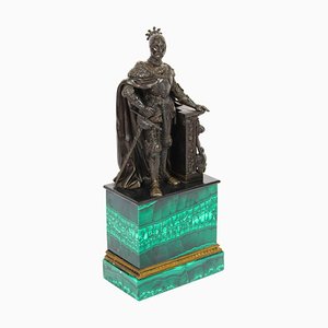 Antike französische Malachit & Bronze Skulptur eines Ritters in Rüstung, 19. Jh