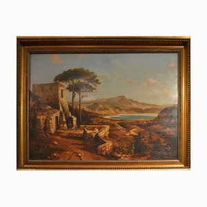 Salvatore Postiglione, paisaje napolitano, siglo XIX, óleo sobre lienzo, enmarcado