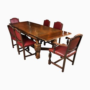 Jacobean Revival Oak Refectory Dining Table & 6 Chairs, 20th Century, Set of 7