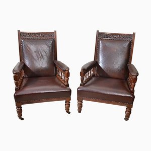 19th Century English Leather Armchairs, Set of 2