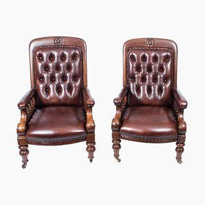 19th Century Victorian English Leather Armchairs, Set of 2