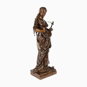 Albert Ernst Carrier, Jeune Fille Jouant du Luth, 19ème Siècle, Sculpture en Bronze