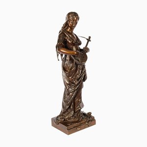 Albert Ernst Carrier, Maiden Playing a liute, XIX secolo, scultura in bronzo