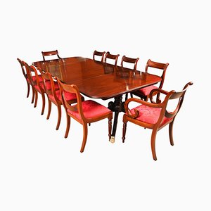 Regency Twin Pillar Dining Table & 10 Swag Back Chairs, 19th Century, Set of 11