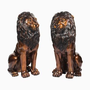 Cast Bronze Seated Lions, 20th Century, Set of 2