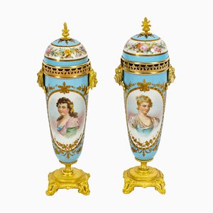 French Duck Egg Blue Sevres Urns, 19th Century, Set of 2
