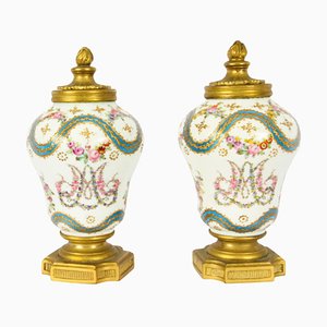 French Ormolu Mounted Sevres Lidded Vases, Mid-19th Century, Set of 2