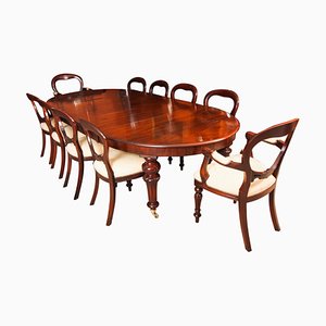 Oval Extending Dining Table & 10 Balloon Back Dining Chairs, 19th Century, Set of 11