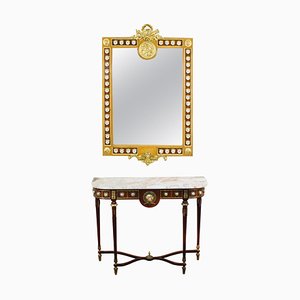 Mesa consola de ormolu y porcelana con espejo, siglo XX. Juego de 2