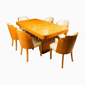Art Deco Birdseye Maple Dining Table & 6 Cloud Back Chairs, 1920s, Set of 7