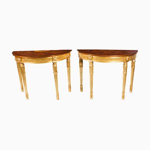 Giltwood Marquetry Half Moon Console Tables, 20th Century, Set of 2