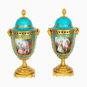 19th Century Peer Blue Celeste Sevres Porcelain Lidded Pot Pourri Vases, Set of 2