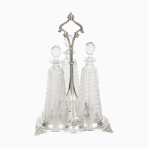 19th Century Victorian Silver Plated Decanters & Tantalus Stand, Set of 4