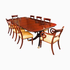 19th Century Regency Twin Pillar Dining Table & Chairs, Set of 9