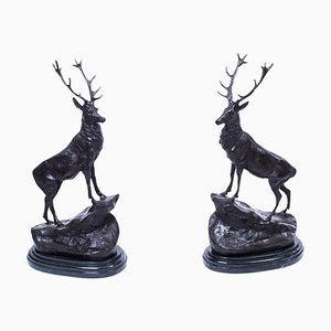 Large Bronze Stag Statuettes in Moigniez Style, Set of 2