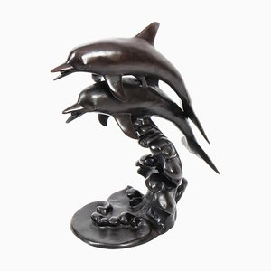 20. Jh. Bronze Delfine auf den Wellen Statue