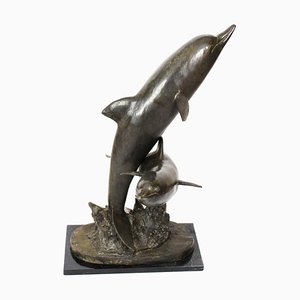 Statue en Bronze de Dauphins Surfant sur les Vagues, Fin du 20ème Siècle