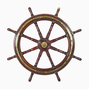 Roue de Bateau à 8 Rayons en Teck et Laiton, 19ème Siècle