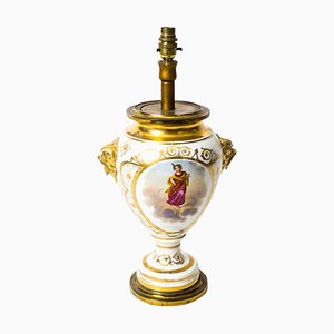 Lámpara de mesa francesa de porcelana pintada a mano y dorada, siglo XIX