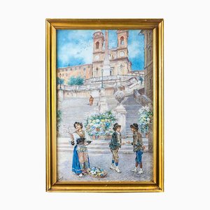 Ettore Ascenzi, The Spanish Steps, 1880, Watercolour on Canvas, Framed