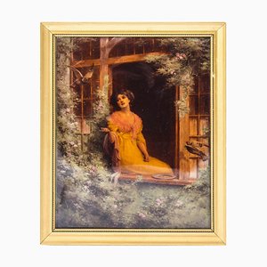 Viktorianisches Gemälde einer Dame am Fenster
