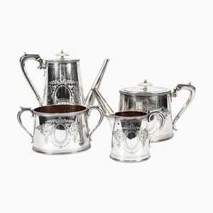 Servicio de té y café victoriano de plata de Elkington, siglo XIX. Juego de 4