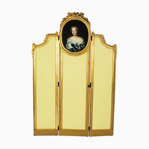 Biombo francés de madera dorada con retrato de pintura al óleo, siglo XIX