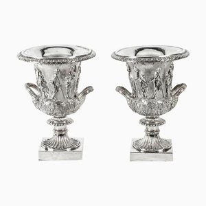 Grand Tour Borghese Silver Plated Bronze Campana Urns, 19th Century, Set of 2