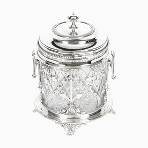 Antique Silver Plate & Cut Glass Drum Biscuit Box