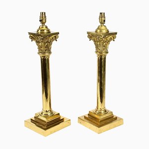 19th Century Victorian Brass Corinthian Column Table Lamps, Set of 2