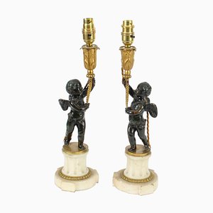 19th Century French Ormolu & Patinated Bronze Cherub Table Lamps, Set of 2