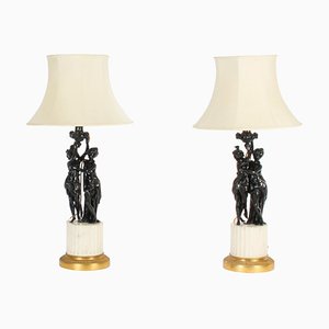 19th Century French Bronze Bacchantes Marble Table Lamps, Set of 2