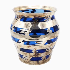 Vaso vintage in vetro blu e metallo argentato