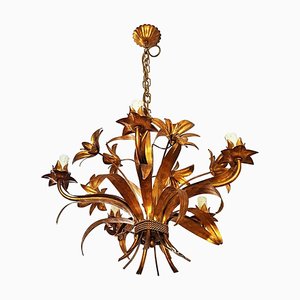 Gold Plated Floral Chandelier, Italy, 1940s