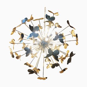 Hammered and Striped Brass Butterfly Sputnik Chandelier from Murano Glass