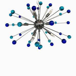 Lámpara de araña Sputnik "Star" en azul claro y azul oscuro de cristal de Murano
