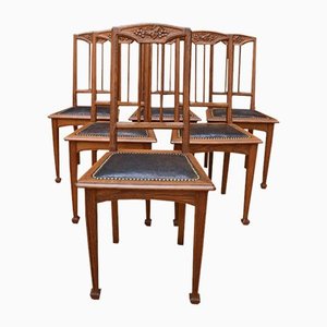 Jugendstil Stühle aus Leder & geschnitzter Eiche von Gauthier-Poinsignon, 6er Set
