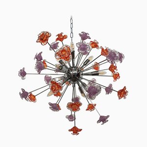 Lampadario Sputnik in vetro di Murano rosso e viola