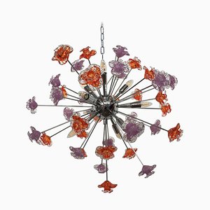 Lámpara de araña Sputnik con flores rojas y violetas de Murano Glass