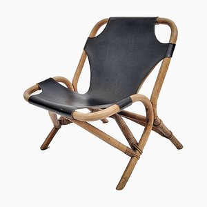 Mid-Century Black Leather & Bamboo Lounge Chair, 1970s