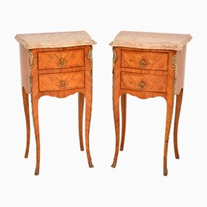 Antique French Bedside Tables with Inlaid Marble Top, Set of 2