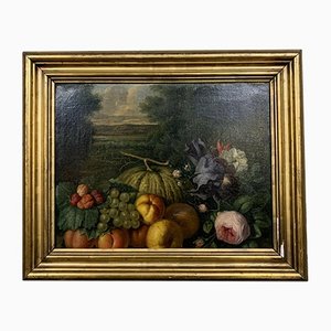Still Life with Fruits and Flowers with a Mountainous Landscape, Early 20th-Century, Oil on Canvas, Framed