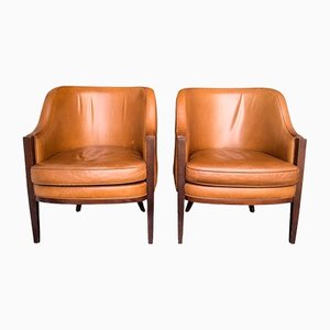 Art Deco Tan Leather Club Chairs with Wooden Frames, Beaumont Hotel, Mayfair, London, Set of 2