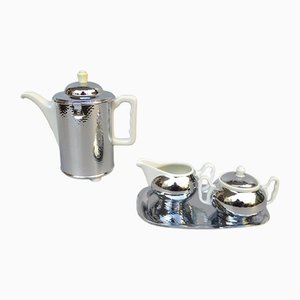 Coffee Making Set in Chrome-Plated Metal & Porcelain, 1950s, Set of 4