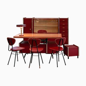 Set da ufficio rivestito in pelle con scrivania, libreria, cassettiera, sedia da scrivania e sedie di Umberto Mascagni, anni '50, set di 7