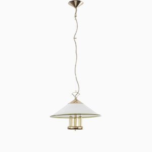 Suspension Lamp in White Murano Glass with Yellow, Green and Galvanic Gold Finishes, Italy, 1980s