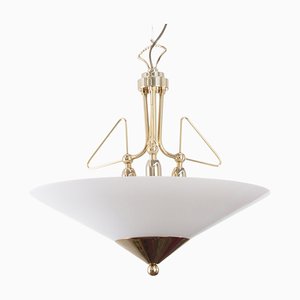 Suspension Lamp in White Murano Glass with Galvanic Gold Frame, Italy, 1980s