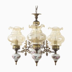 Lustre avec 3 Lampes en Céramique et Verre de Murano Soufflé avec Décor Floral, Italie, 1950s