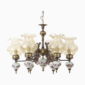 Ceramic & Blown Murano Glass 6 Light Chandelier with Floral Decoration, Italy, 1950s
