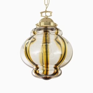 Large Lantern Lamp in Blown Murano Glass with Amber Stripes and Gold Frame